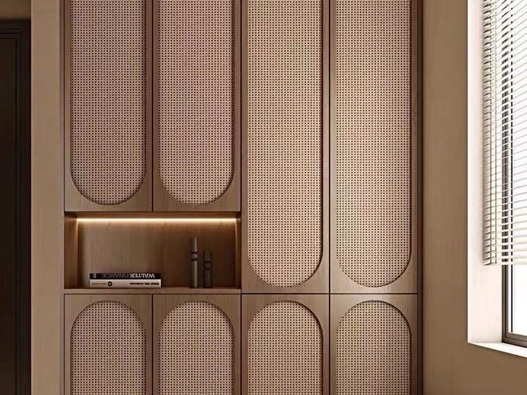 Custom Arch Design Walnut Rattan Cane Webbing Interior Door Closet Door