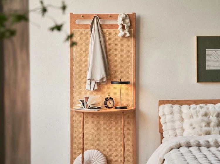 Mid Century Modern Wood Cane Panel Privacy Screen | Room Divider Panel with Console Table