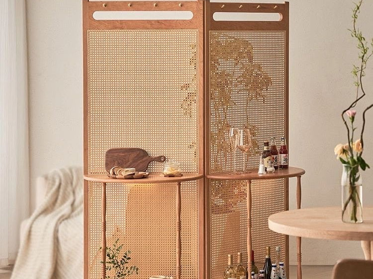 Mid Century Modern Wood Cane Panel Privacy Screen | Room Divider Panel with Console Table