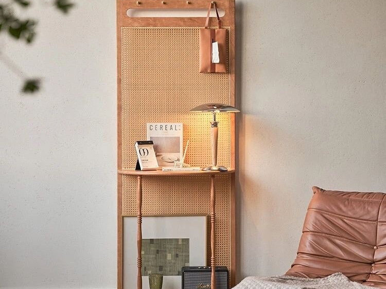 Mid Century Modern Wood Cane Panel Privacy Screen | Room Divider Panel with Console Table