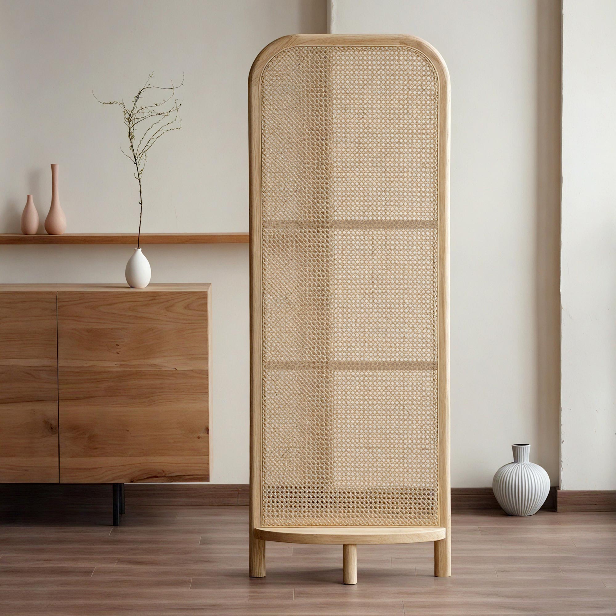 Mid Century Modern Wabi Sabi Wood Cane Panel Privacy Screen | Room