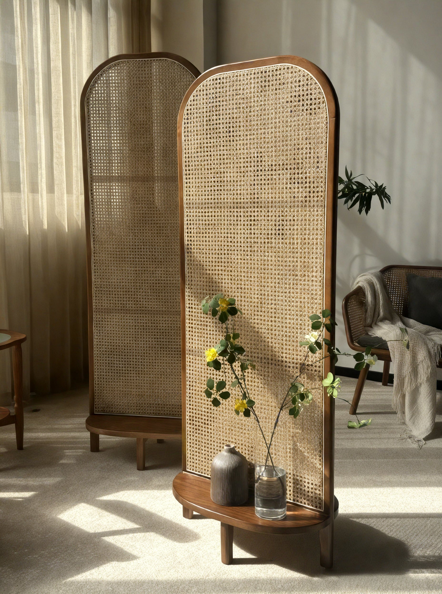 Mid Century Modern Wabi Sabi Wood Cane Panel Privacy Screen | Room