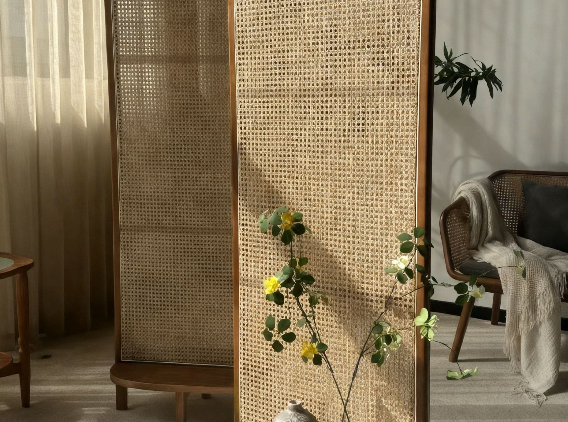 Mid Century Modern Wabi Sabi Wood Cane Panel Privacy Screen | Room Div – Pamper Haus Design Shop