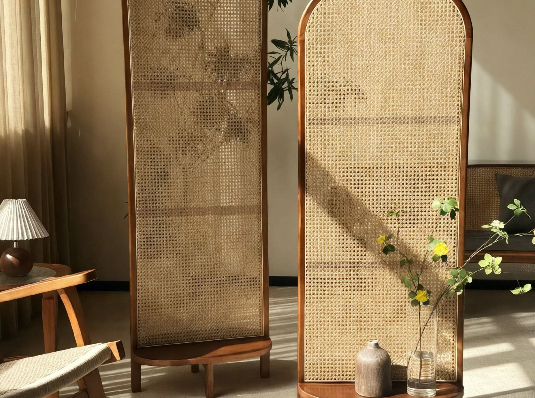 Mid Century Modern Wabi Sabi Wood Cane Panel Privacy Screen | Room Div – Pamper Haus Design Shop