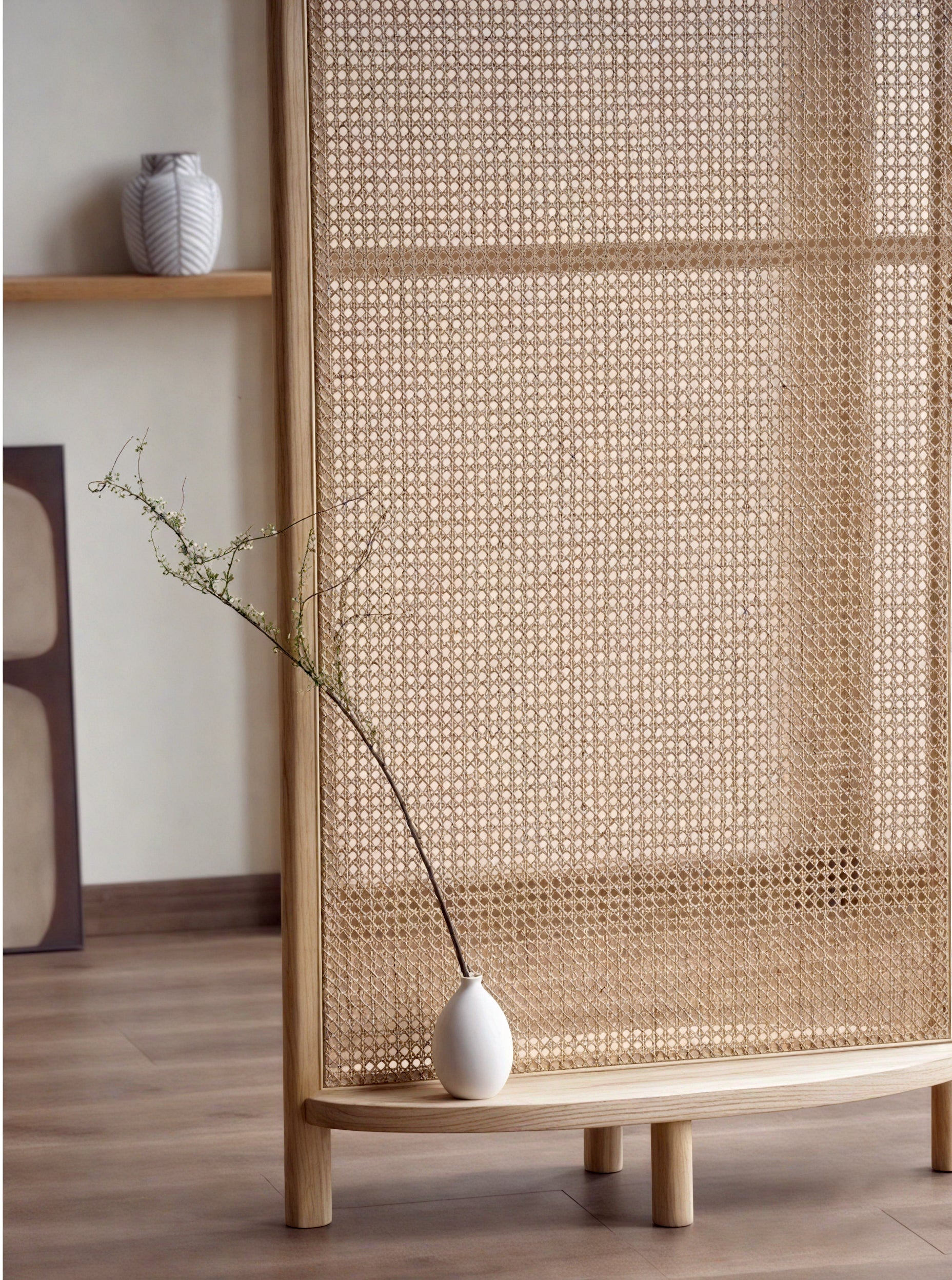 Mid Century Modern Wabi Sabi Wood Cane Panel Privacy Screen | Room