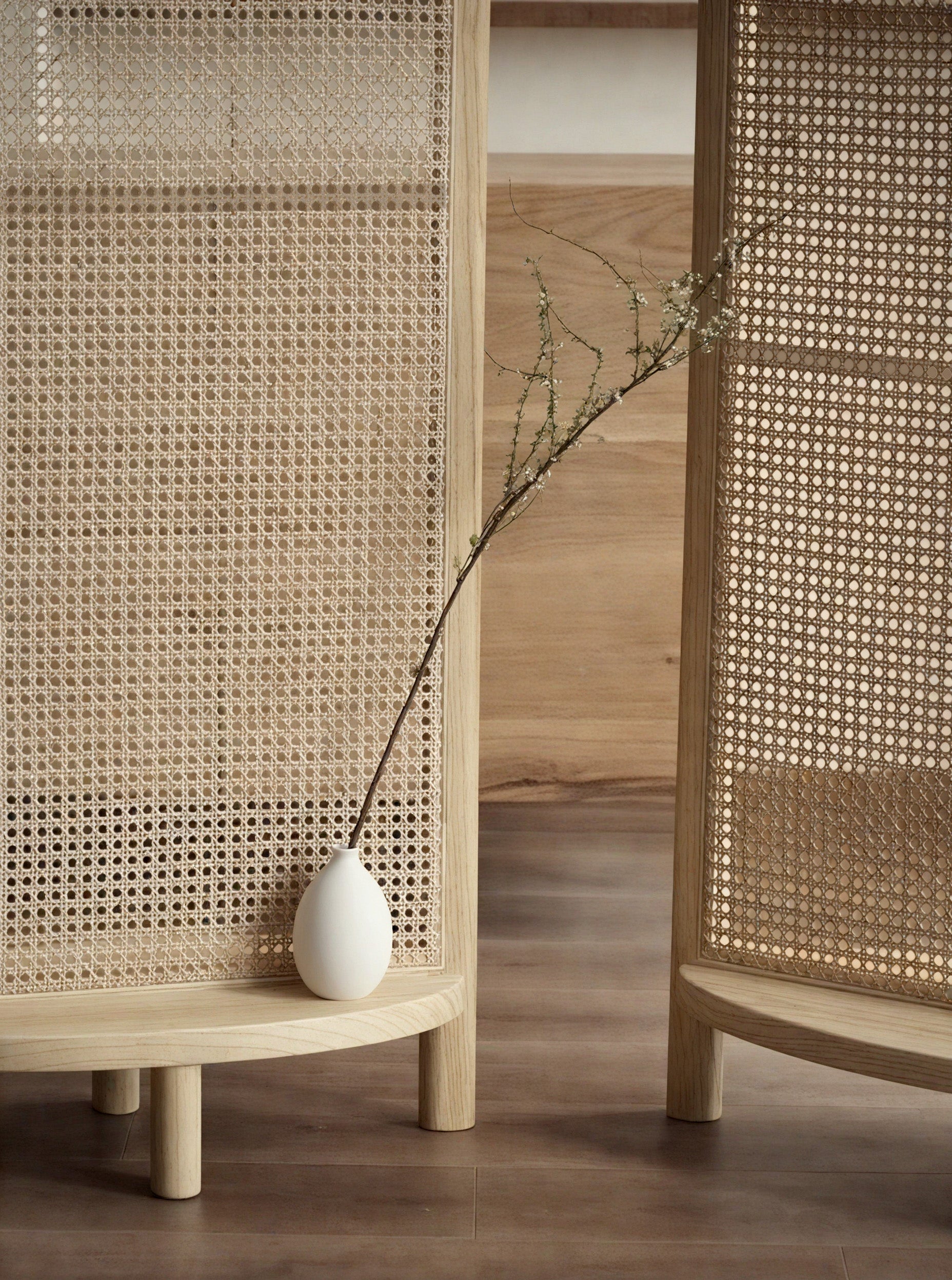 Mid Century Modern Wabi Sabi Wood Cane Panel Privacy Screen | Room Div ...