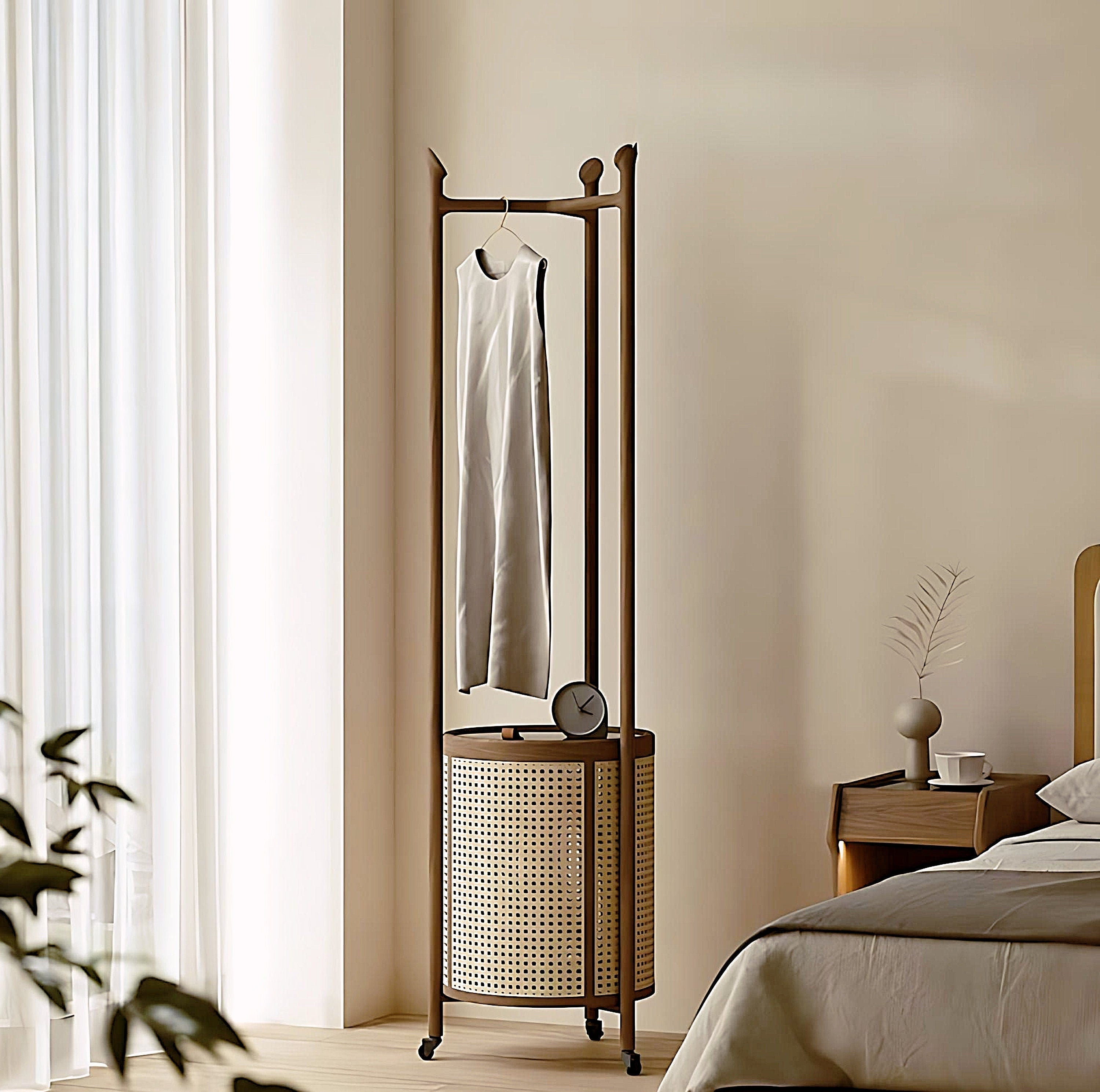 Stylish Solid Walnut Coat Rack and Laundry Hamper