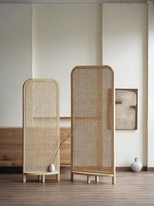 Mid Century Modern Wabi Sabi Wood Cane Panel Privacy Screen | Room Divider Panel with Platform
